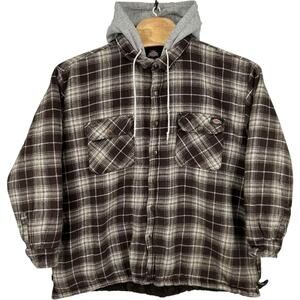 VTG y2k Men's Brown Flannel Plaid Dickies Quilt Lined Hooded Shacket Jacket 3XL